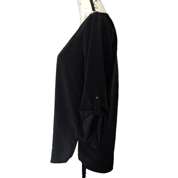 Zara Basic black roll sleeve v-neck blouse medium - Picture 4 of 7